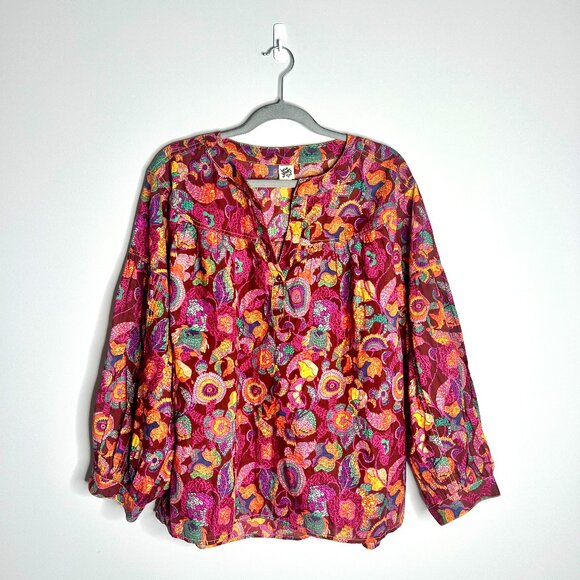 Ivy Jane Poetry In Motion Blouse Balloon Sleeves Fall Floral Colorful Boho Sz L - Picture 3 of 7